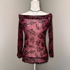 Off-Shoulder Blouse Top Women's Medium Burgundy Black Fairy Floral Sheer Stretch